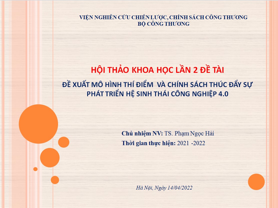 Hội thảo lần 2 đề tài “Đề xuất mô hình thí điểm  và chính sách thúc đẩy sự phát triển hệ sinh thái công nghiệp 4.0”
